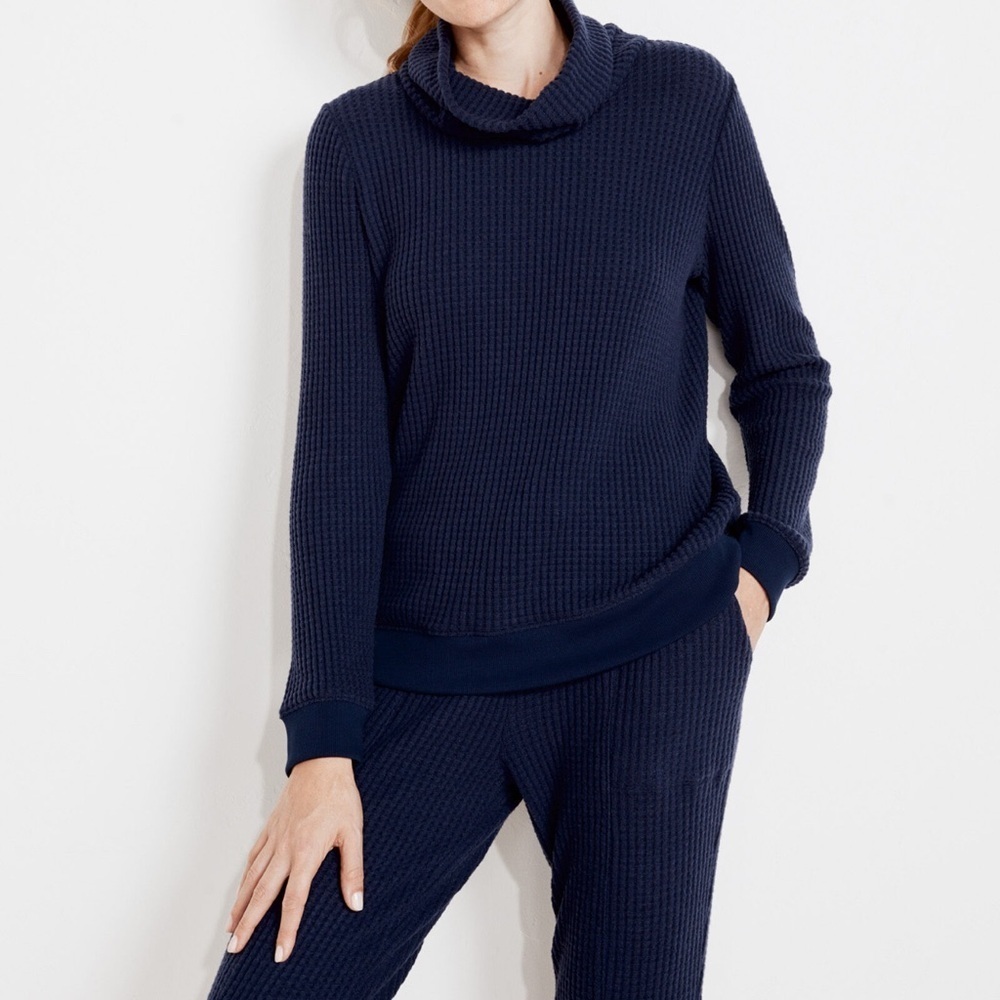 NWT Haven Well Within Waffle Knit Cowl Neck Top Womens Small Navy Blue Long Slee